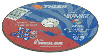 Weiler Tiger Rueda de corte 57075 - Tipo 1 (recto) - 4 pulg. - Óxido de aluminio - 60 - T